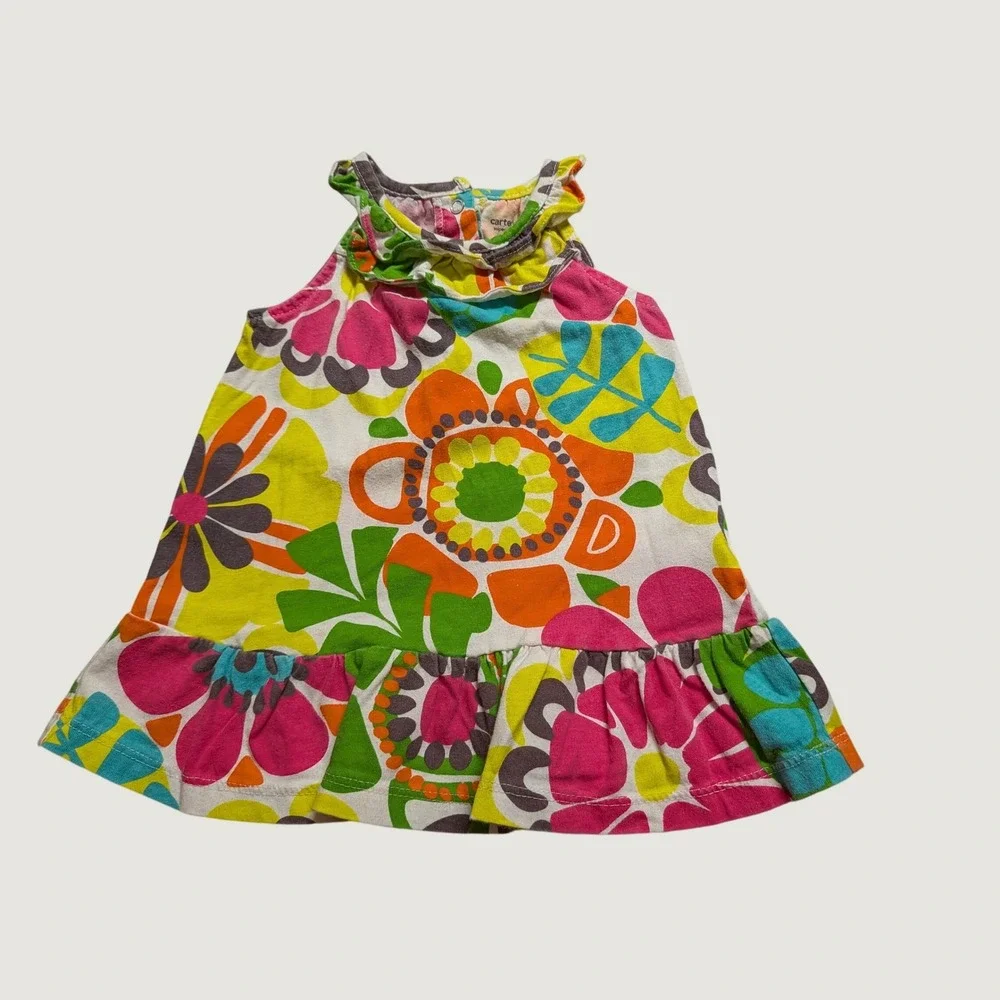 Carters Baby Girls Floral Ruffle Sleeveless Dress Multicolor 9 Months Snap Back